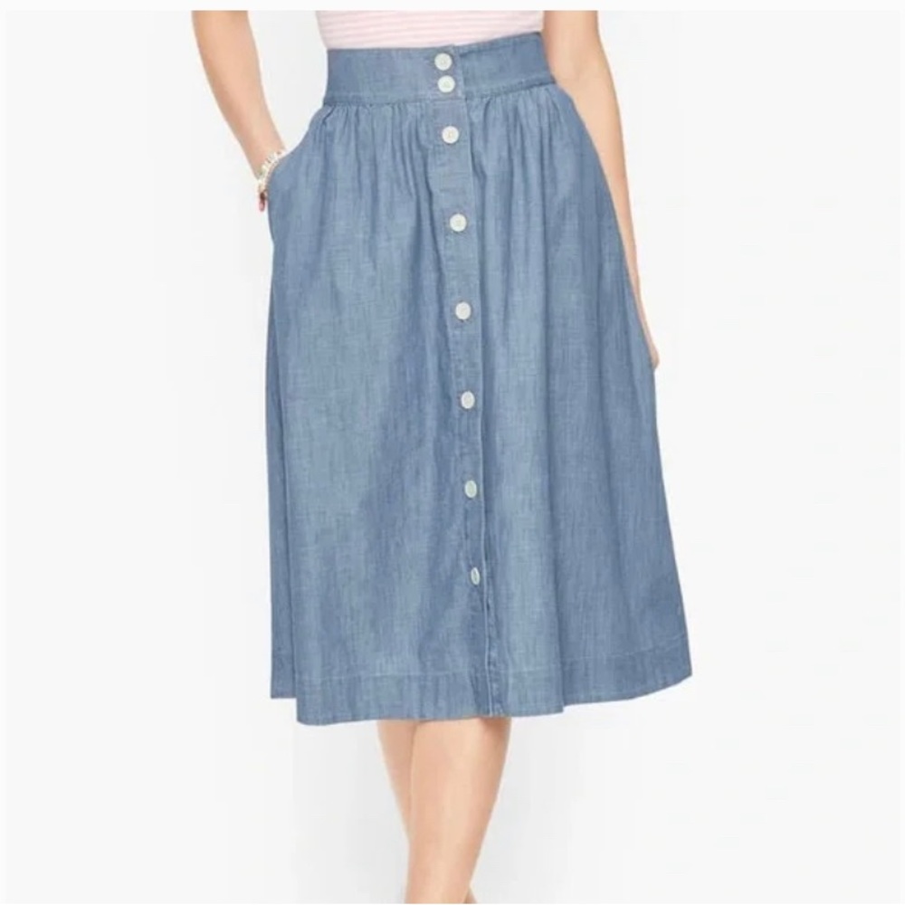 Talbots Cotton Chambray Button And Pocket Denim Button Front Midi Skirt Size 2